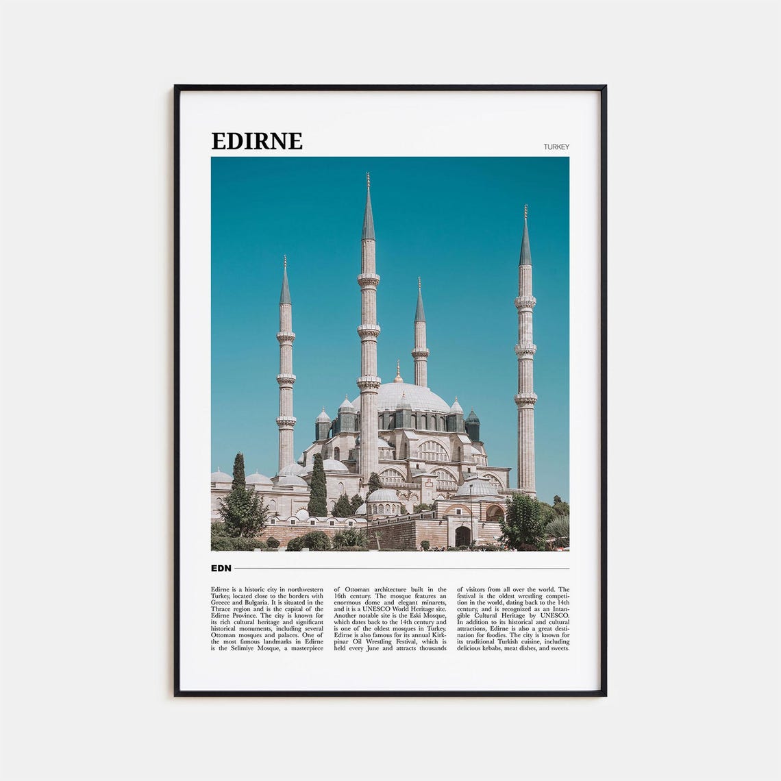 Edirne Turkey Selimiye Mosque Ottoman Architecture Photography Poster