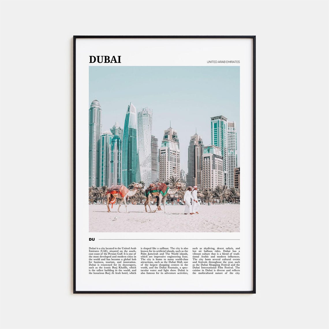 Dubai Emirates Travel Poster Camels Marina Towers Beach Sand View