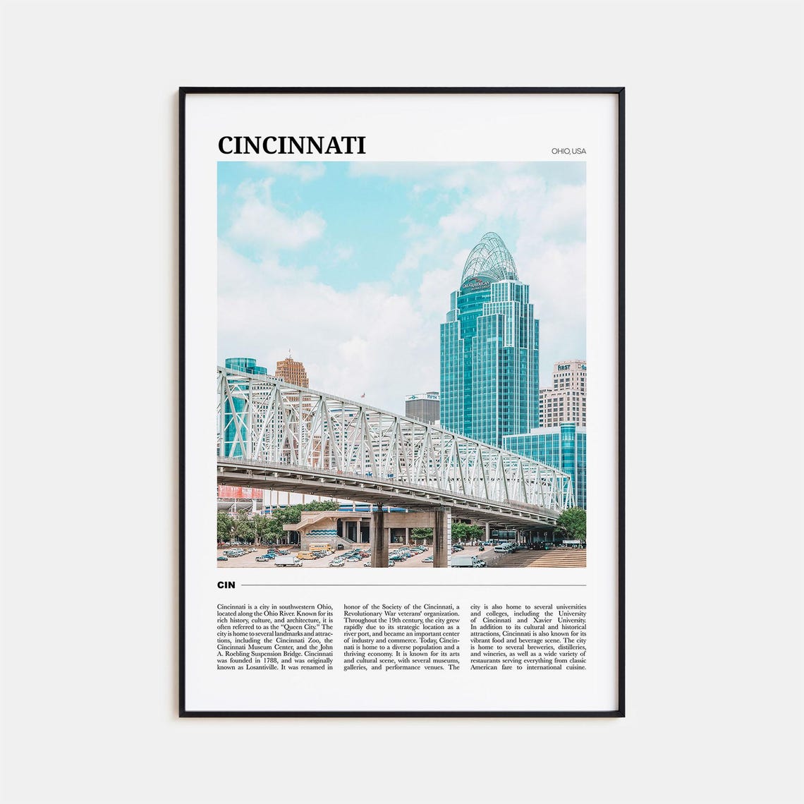 Cincinnati Ohio Skyline Bridge River Travel Photography Poster