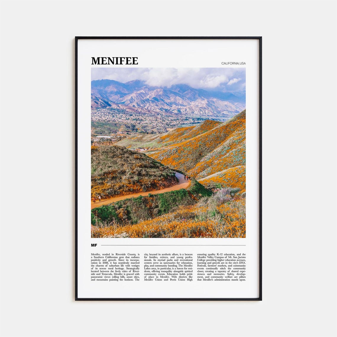 Menifee California Travel Poster Wildflower Hills Mountain Valley View