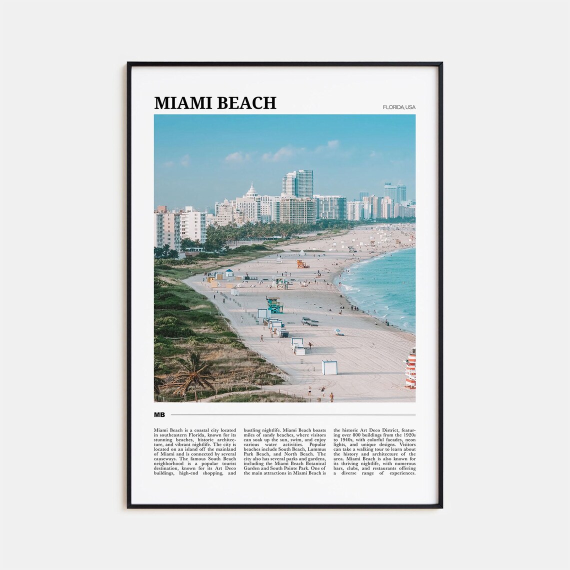 Miami Beach Florida South Beach Aerial Ocean Travel Poster Series