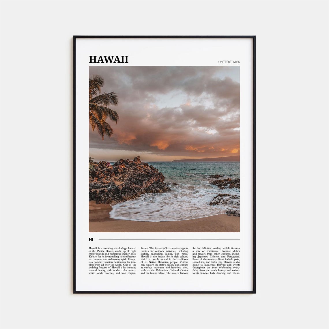 Hawaii Sunset Palm Beach Volcanic Rock Coast Travel Poster Series