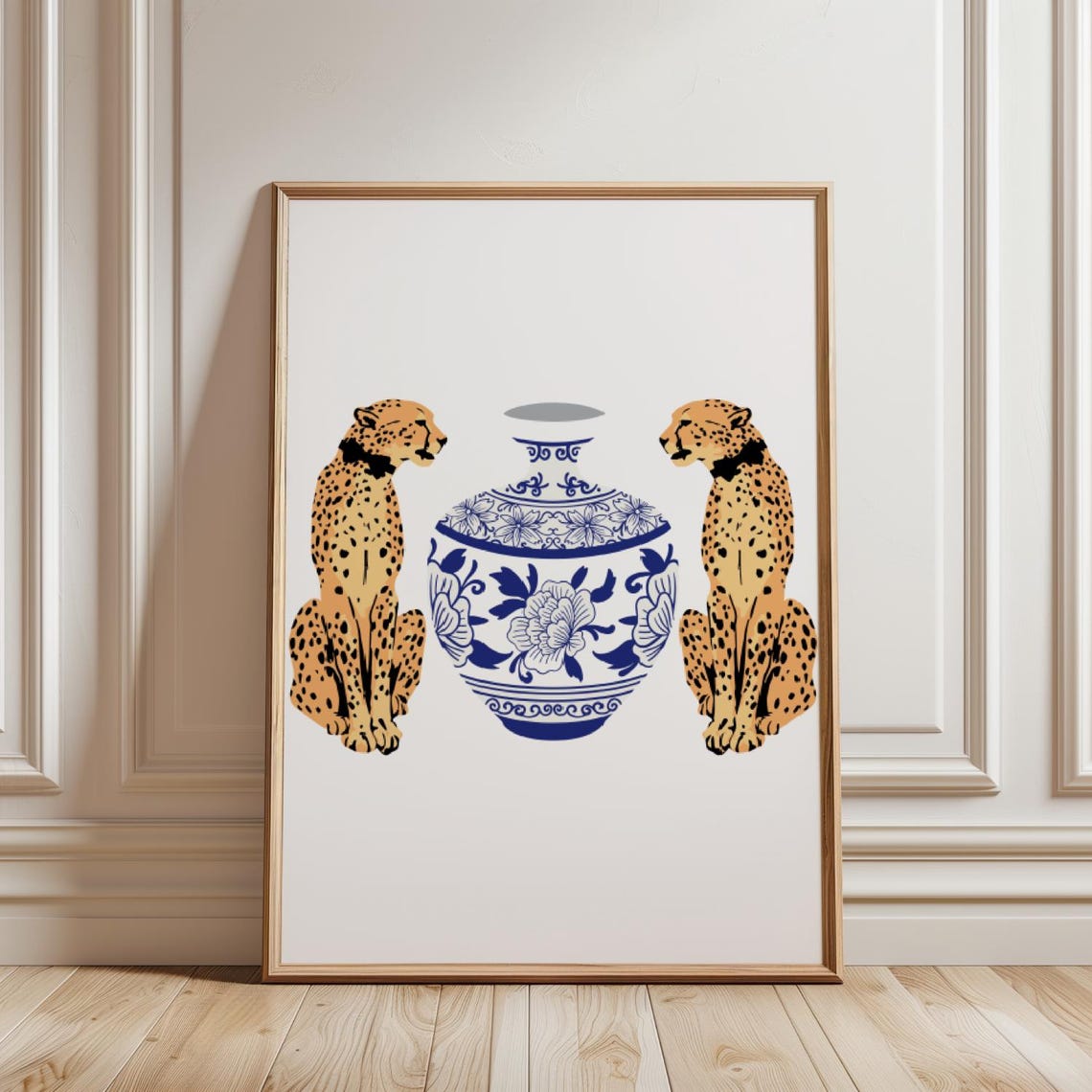 Cheetahs Blue Chinoiserie Vase Preppy Maximalist Wild Poster