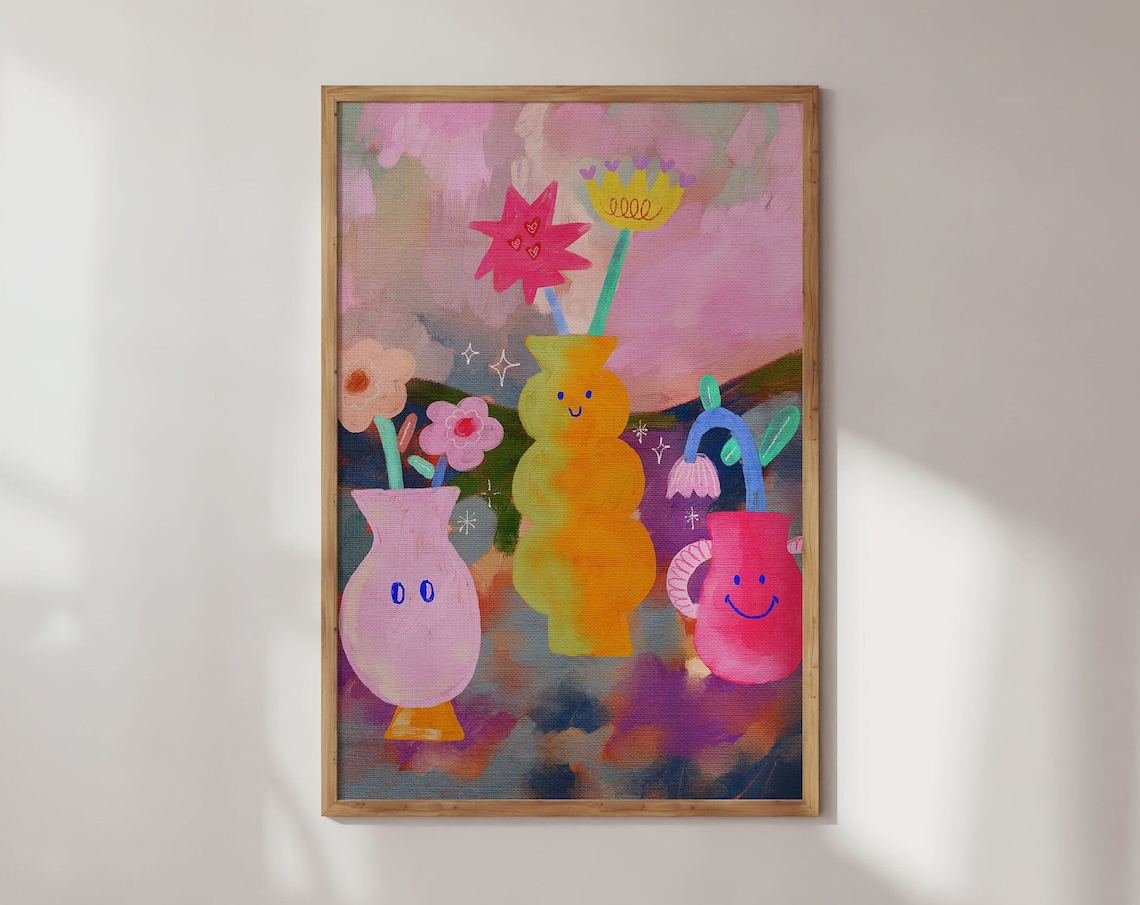 Happy Vases Colorful Smiling Flower Pots Whimsical Acrylic Wall Art