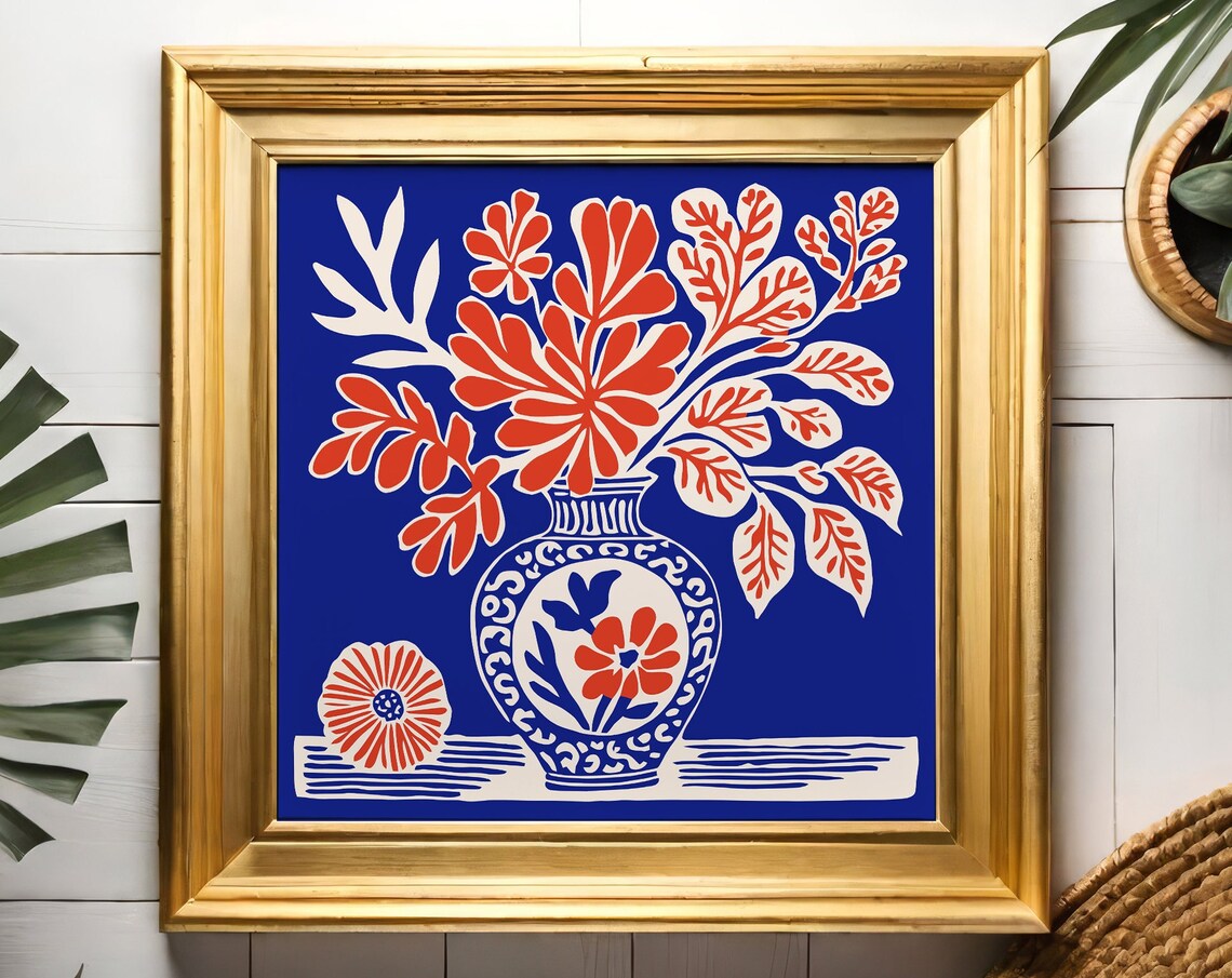 Indigo Blue Floral Vase Bold Matisse Style Botanical Home Poster