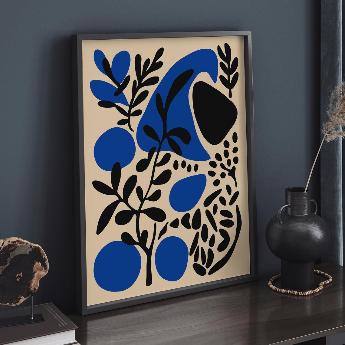 Blue Black Abstract Floral Shapes Modern Boho Botanical Print - Image 6