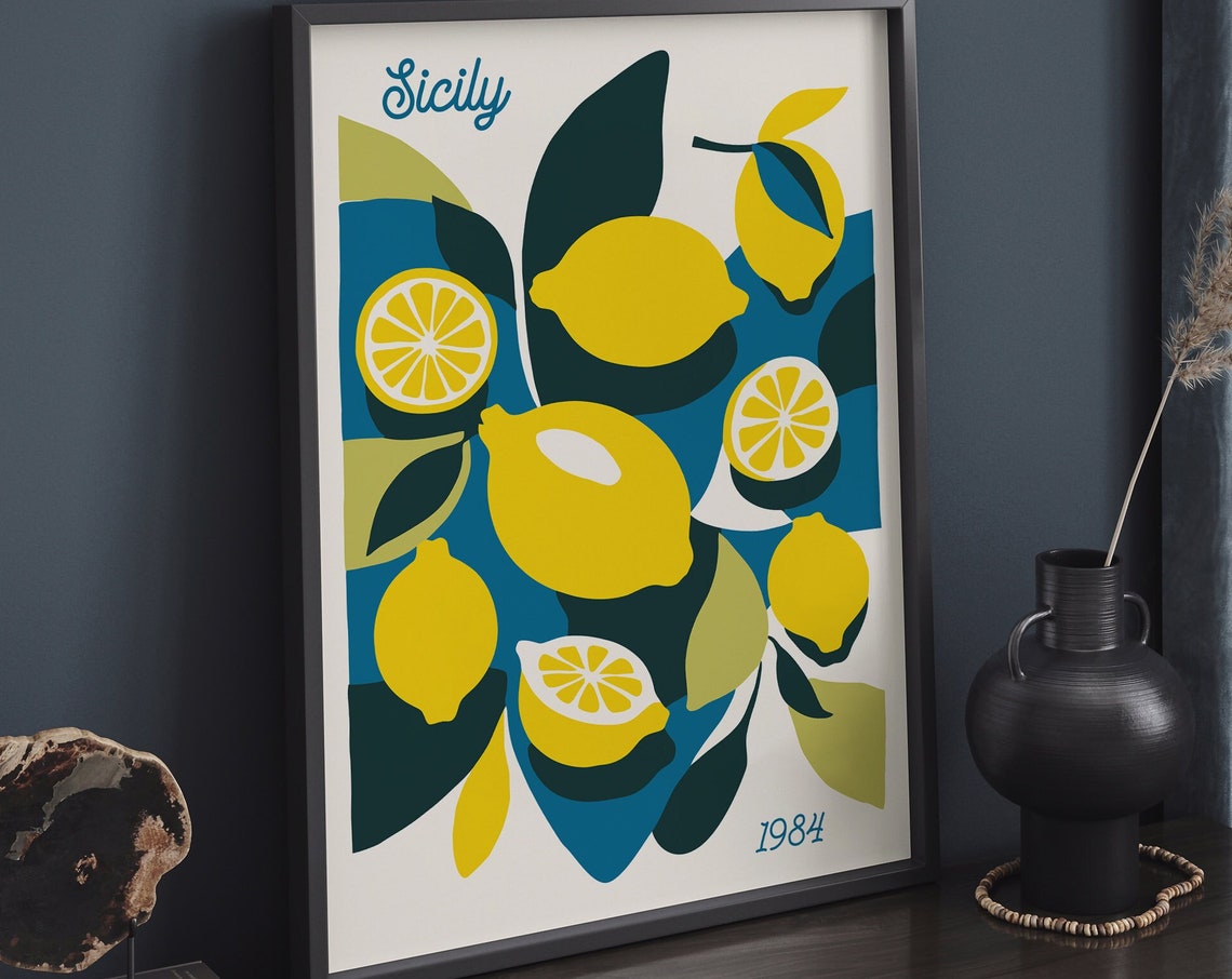 Retro Sicily 1984 Lemon Poster with Bright Citrus Fruit Illustration