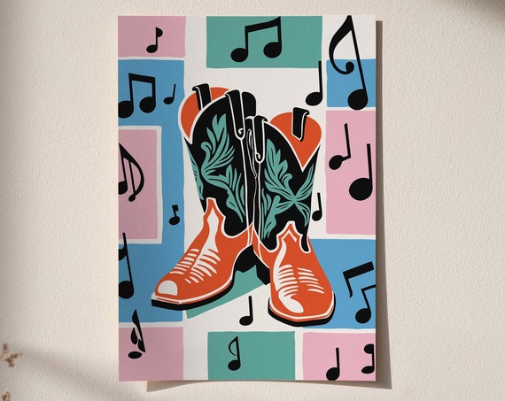 Country Music Cowboy Boots Poster Western Style Wall Art With Musical Notes Vintage Inspired Home Decor Unique Gift For Music Lovers