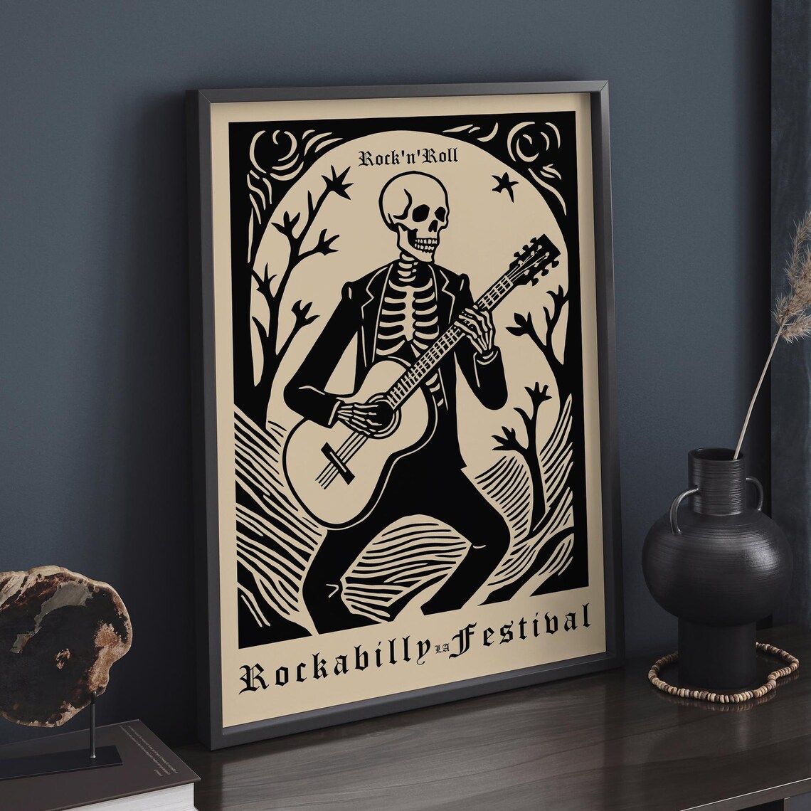 Rockabilly LA Festival Rock N Roll Skeleton Guitar Art Poster