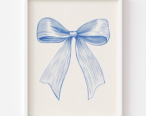Blue Ribbon Bow Line Art Vintage Coquette Preppy Minimalist Poster