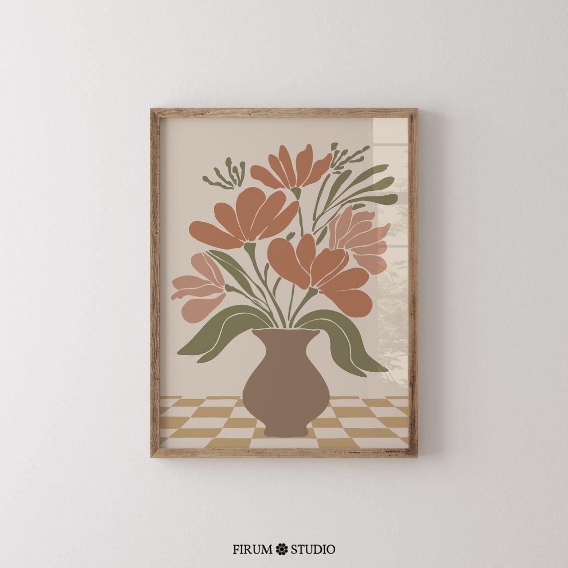 Terracotta Floral Bouquet Vase Checkered Base Boho Botanical Poster - Image 2