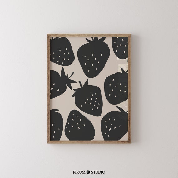 Strawberries Beige And Black Print Summer Fruit Print Modern Kitchen Wall Art Aesthetic Kitchen Poster 0738