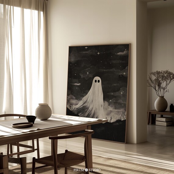 Cute Ghost Starry Night Moody Halloween Black White Art Print