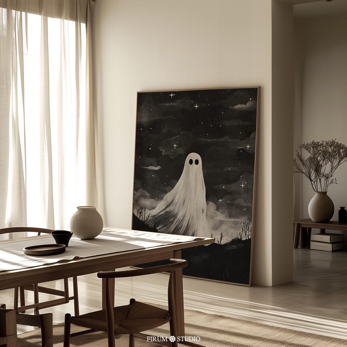 Cute Ghost Starry Night Moody Halloween Black White Art Print