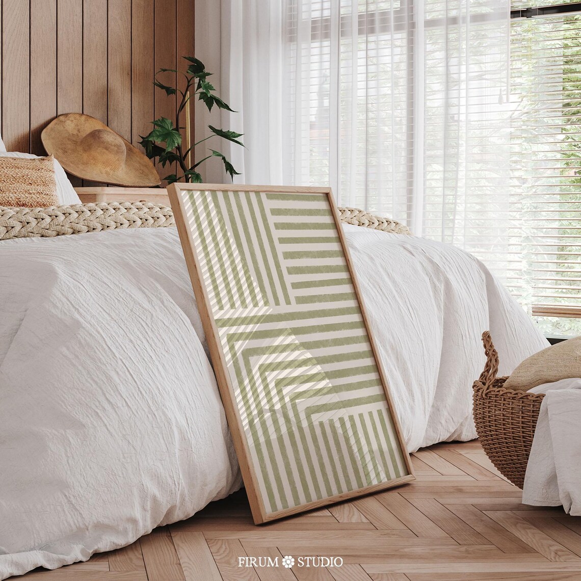 Sage Green Abstract Line Print, Mid Century Modern - Image 2