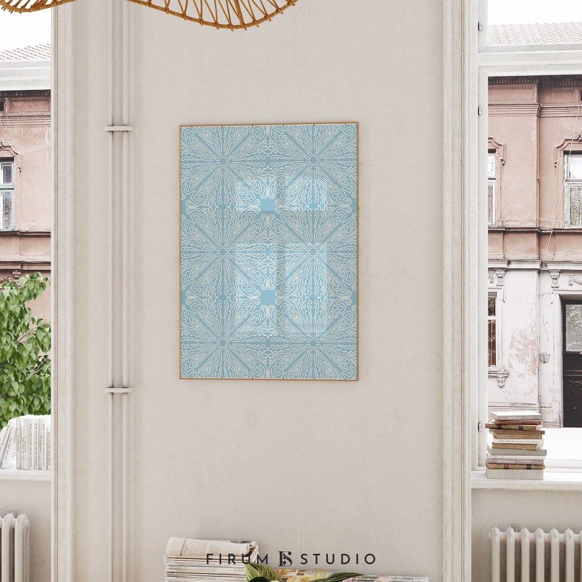Pale Blue Intricate Lace Pattern White Linework Abstract Art Poster