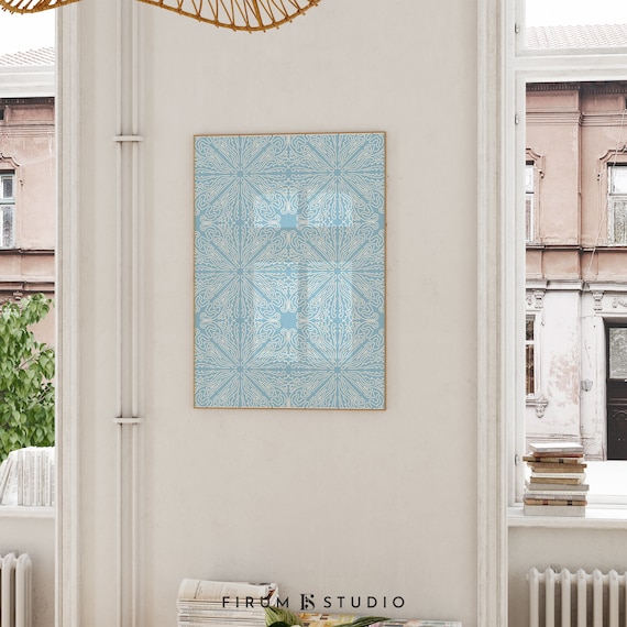 Pale Blue Intricate Lace Pattern White Linework Abstract Art Poster