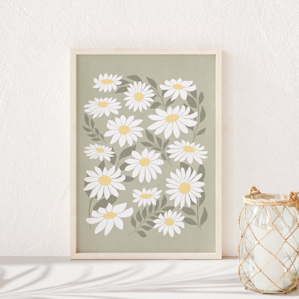 Daisy Sage Green Wall Art, Botanical Flower Print