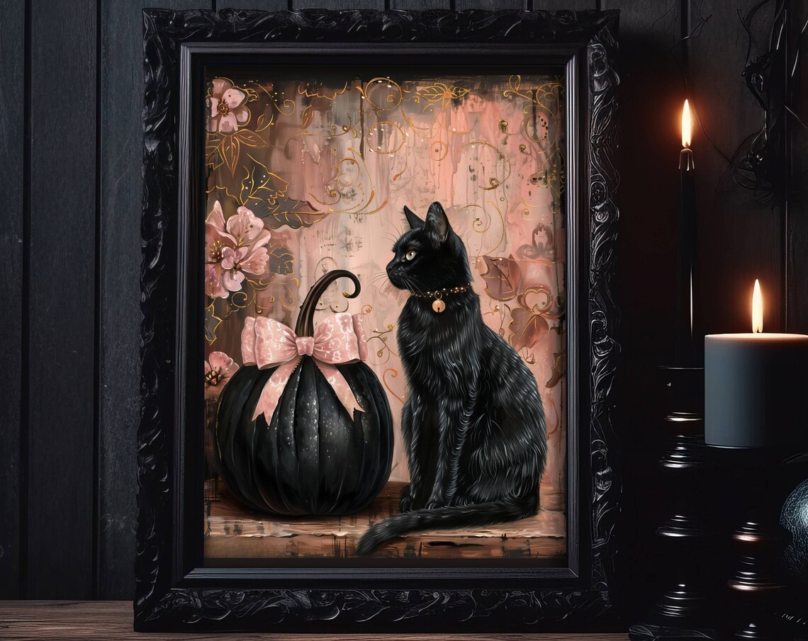 Coquette Black Cat and Pumpkin Halloween Art Print