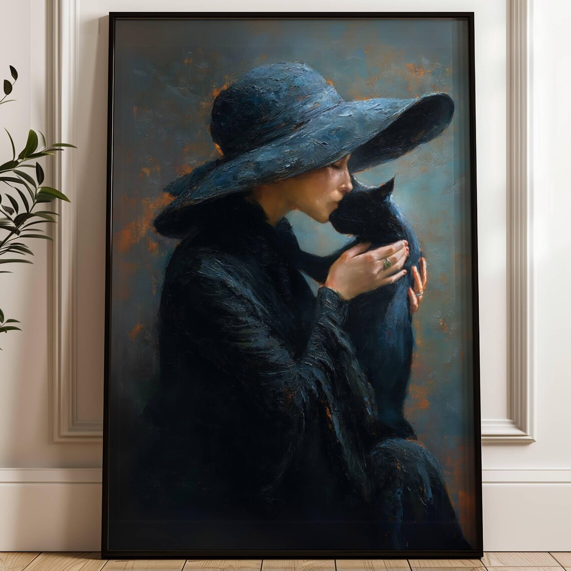 Woman and Black Cat Poster, Moody Feline Art Print