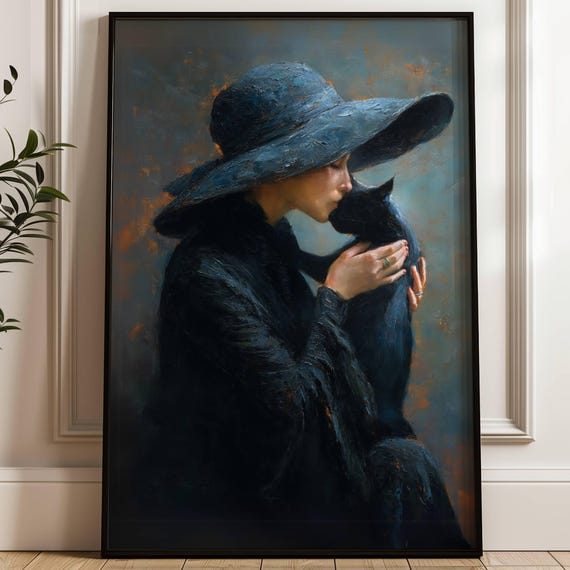 Woman and Black Cat Poster, Moody Feline Art Print