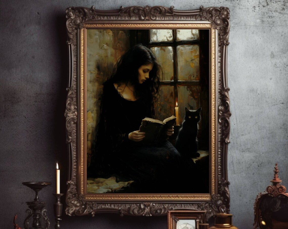 Woman Reading By Candlelight With Black Cat Dark Academia Poster