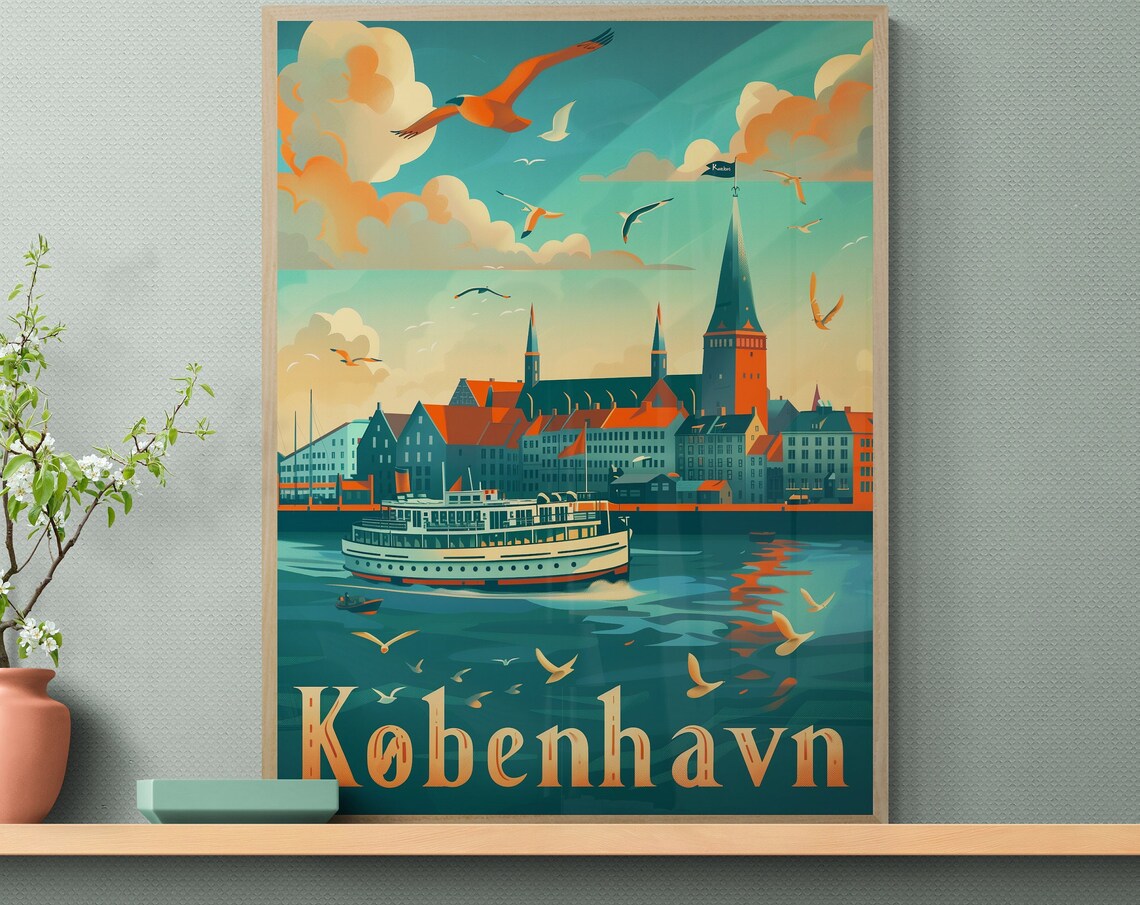 Copenhagen Harbor Ferry Ship Church Tower Seagulls Travel Poster - Image 3