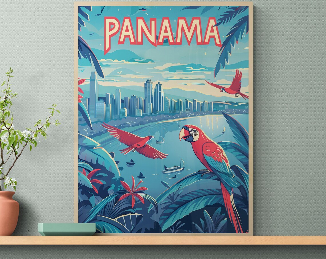 Panama Macaws and Bay Skyline Vintage Wildlife Travel Poster - Image 3