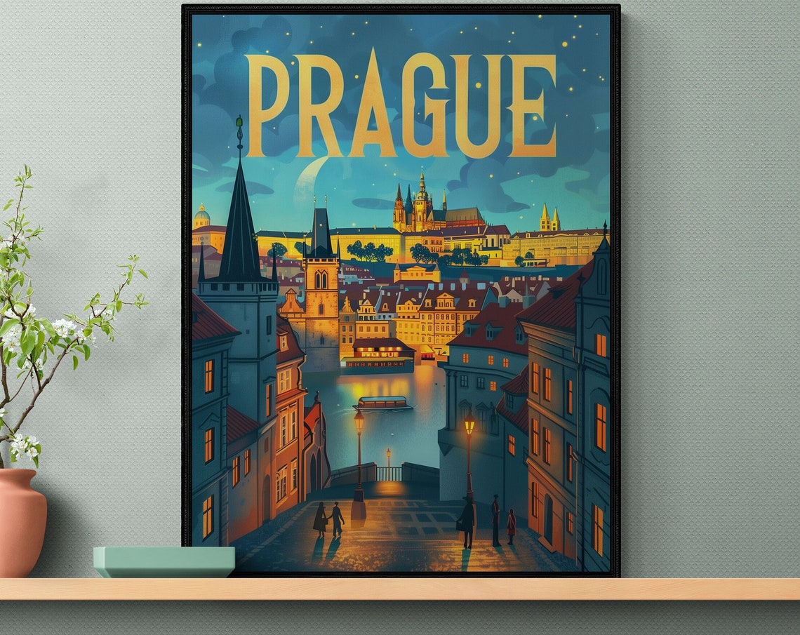 Prague Night River Prague Castle Bridge Lamps Moonlight Travel Poster - Image 3