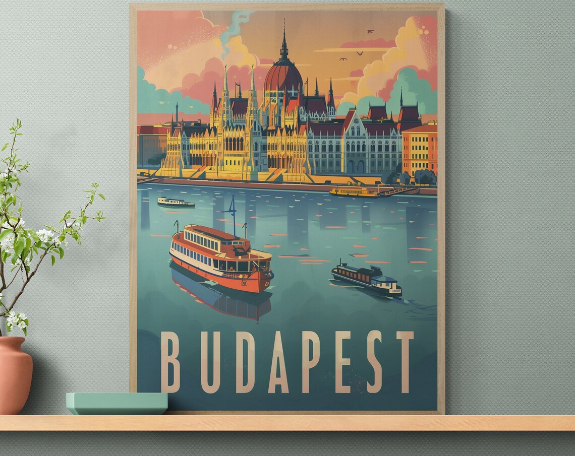 Budapest Parliament Building Danube River Boats Sunset Travel Poster - Image 3