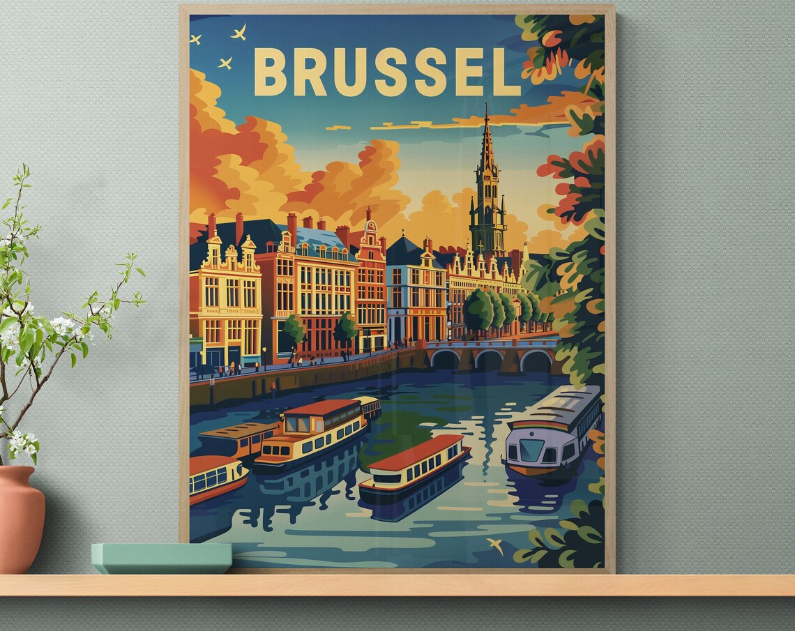 Brussel Canal Boats and Church Tower Vintage Belgian Travel Poster - Image 3