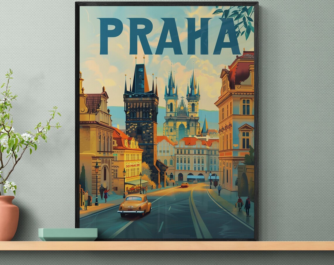 Prague Old Town Street Powder Tower Vintage Car Travel Poster - Image 3
