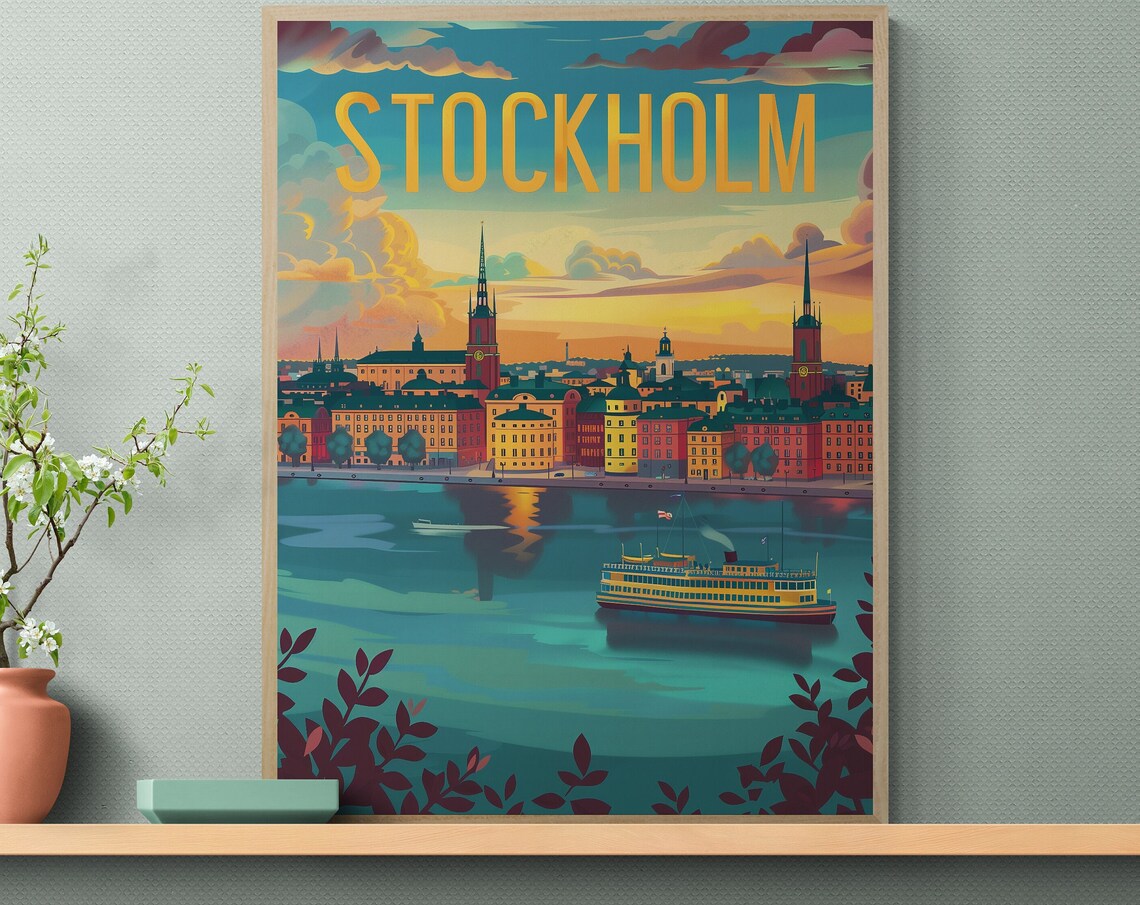 Stockholm Harbor Ferry and Old Town Sunset Vintage Travel Poster - Image 3