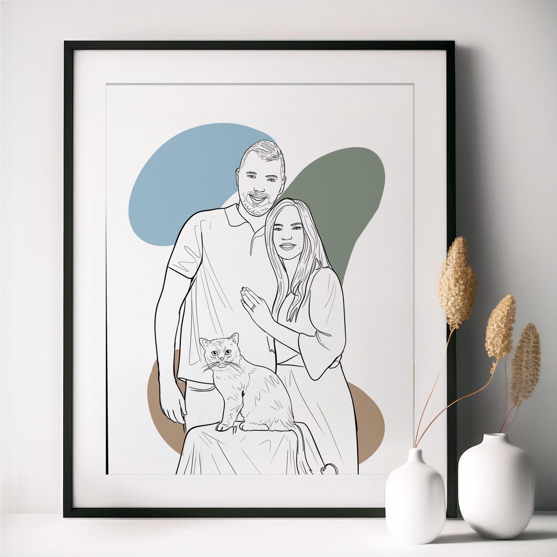 We Are Family Line Drawing Portrait of Four with Green Shape Poster - Image 2