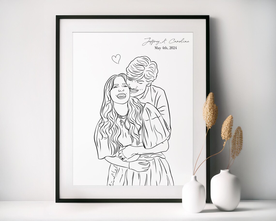 Embracing Couple Line Art Portrait With Soft Blue Abstract Poster - Image 3