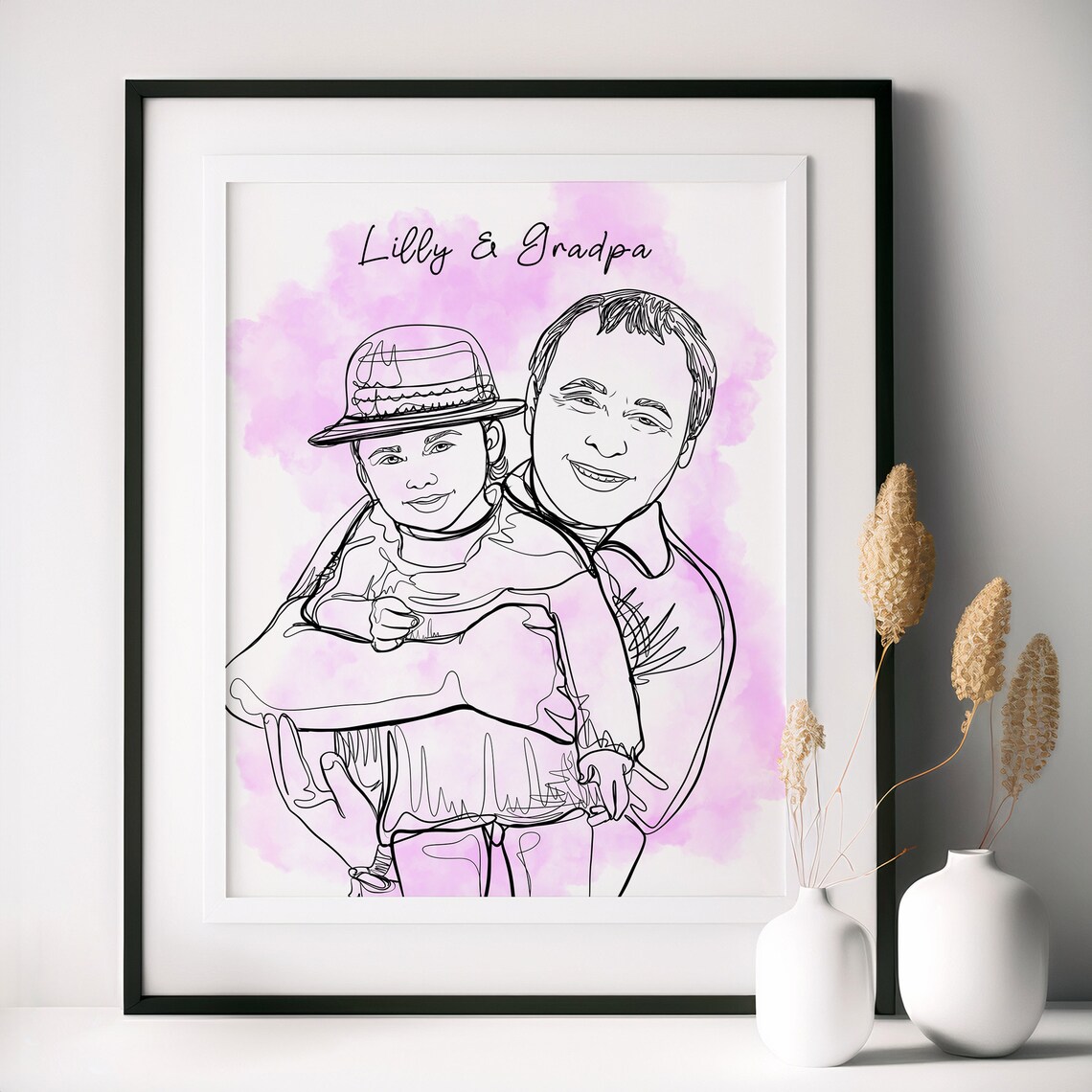 Lilly and Grandpa Line Drawing Portrait with Pink Watercolor Poster