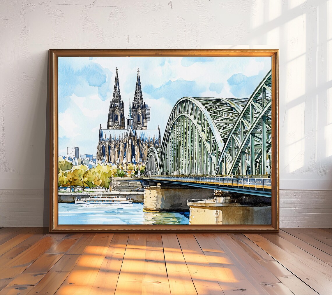 Cologne Cathedral Germany Watercolor Bridge Cityscape Wall Art