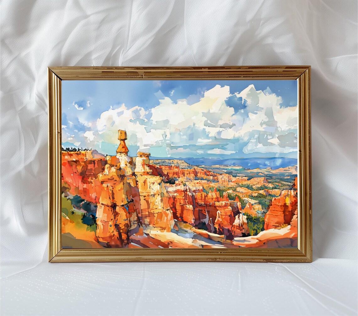 Bryce Canyon Hoodoos Orange Rock Desert Watercolor Landscape Poster