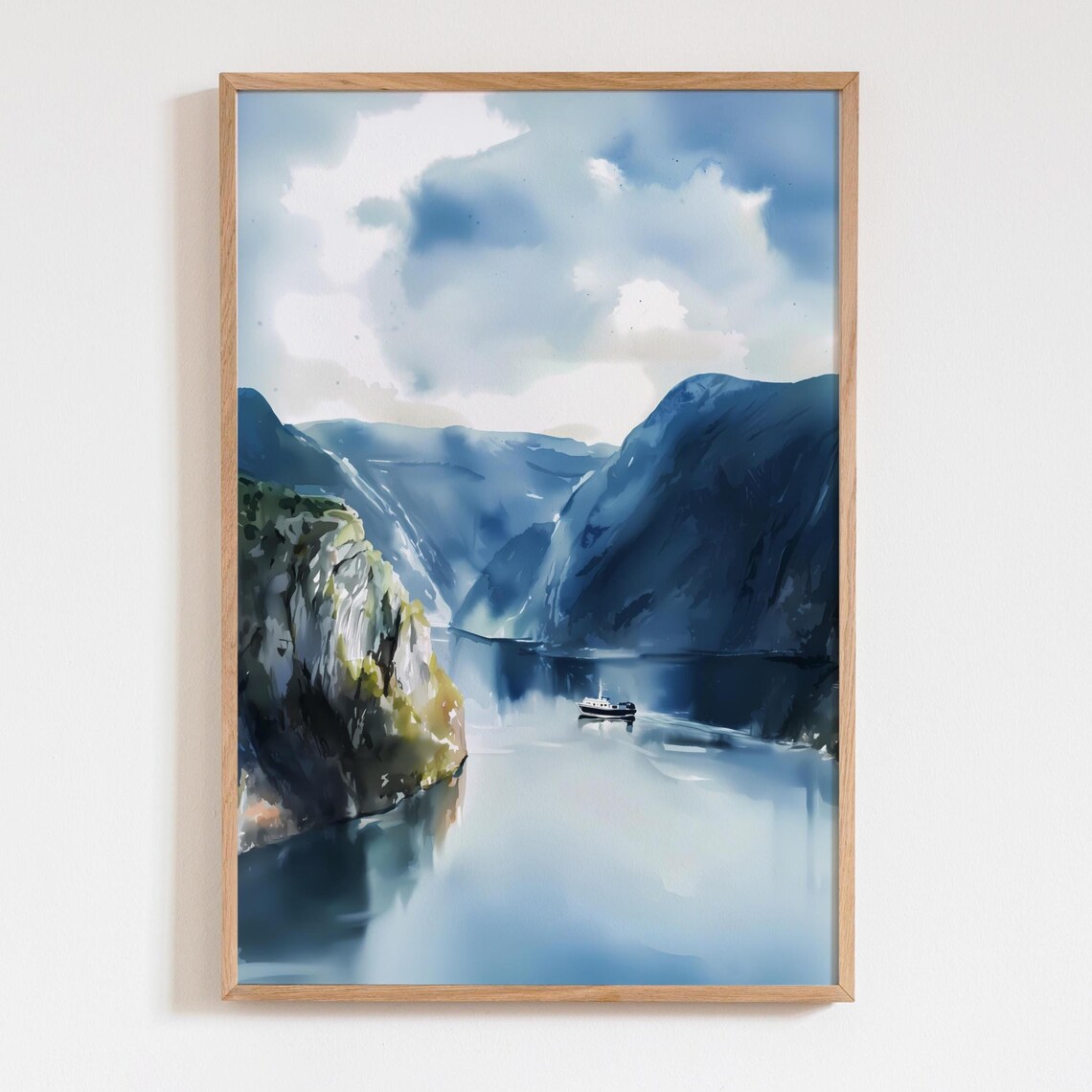 Norwegian Fjords Watercolor Art Print, Boat Landscape