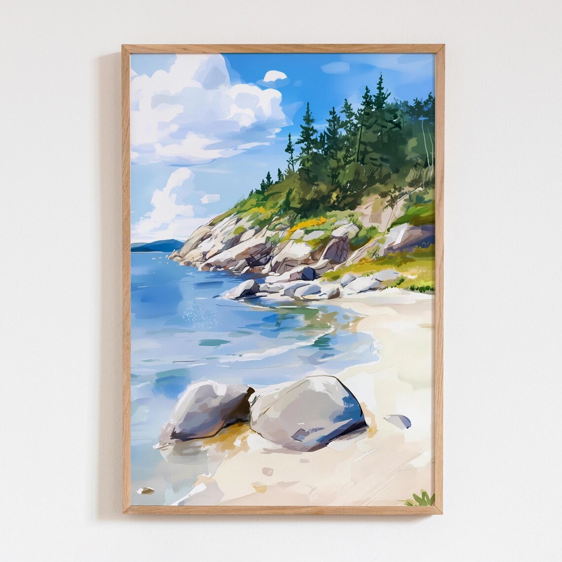 Acadia National Park Rocky Coastline Summer Watercolor Print