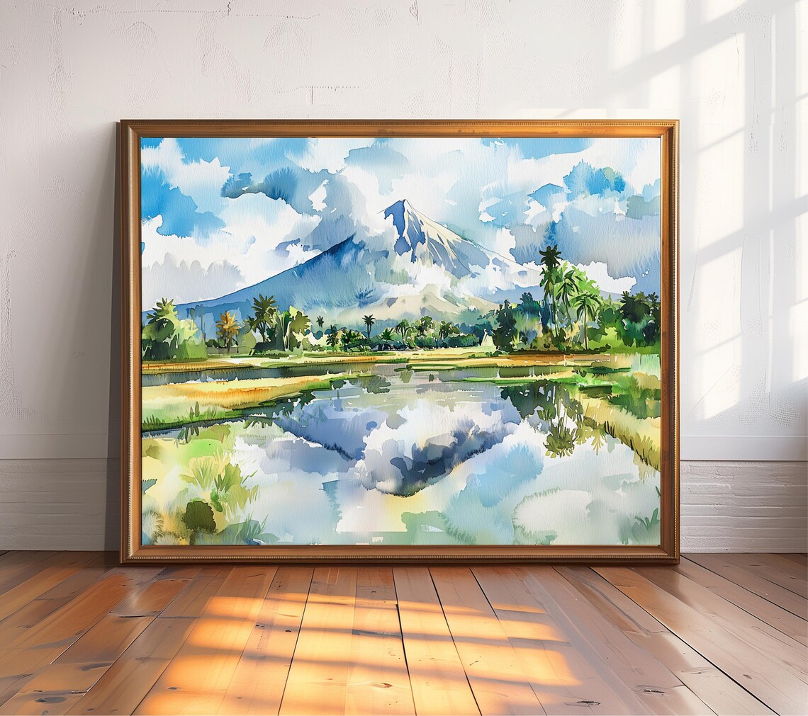 Philippines Mayon Volcano Watercolor Travel Poster