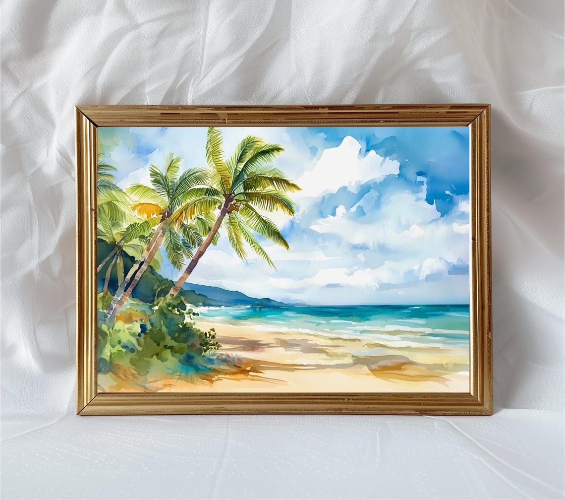 Tropical Palm Trees Beach Turquoise Water Watercolor Wall Art