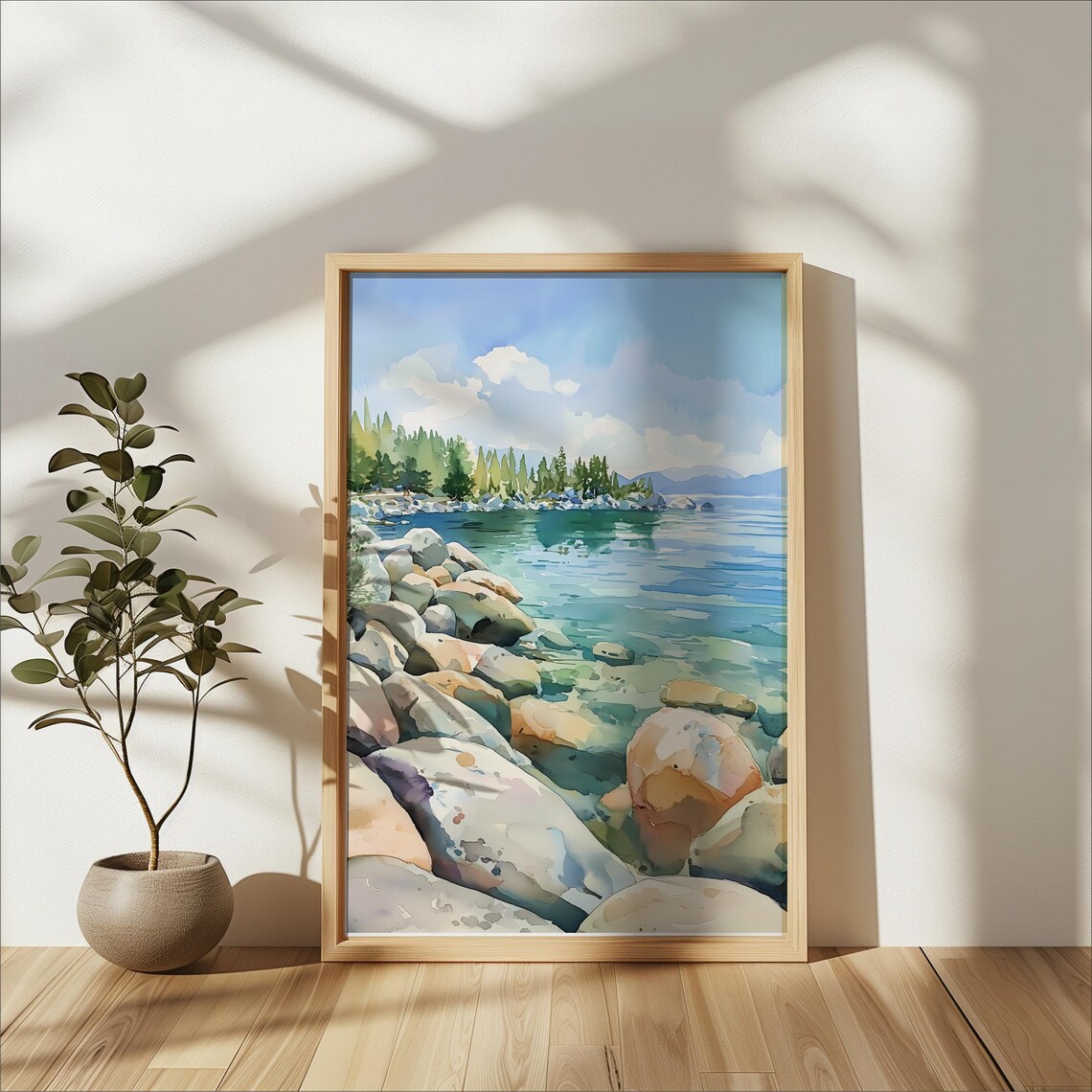 Lake Tahoe Watercolor Art Print, Peaceful Shore