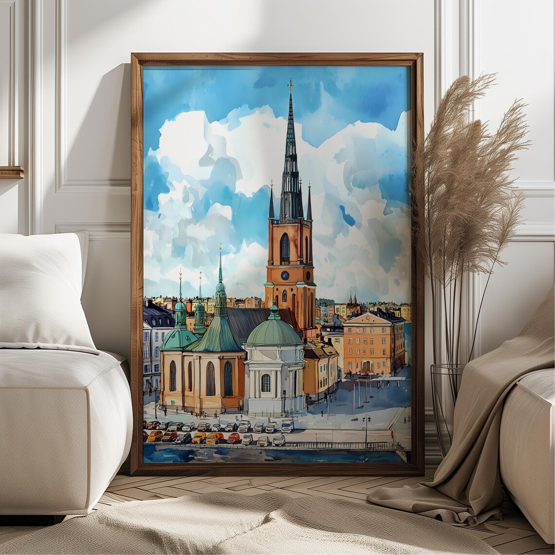 Stockholm Sweden Riddarholmen Church Watercolor Old Town Skyline Poster