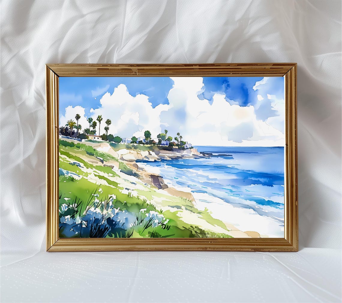 La Jolla Beach Watercolor Palm Cliffs Ocean View Nature Poster