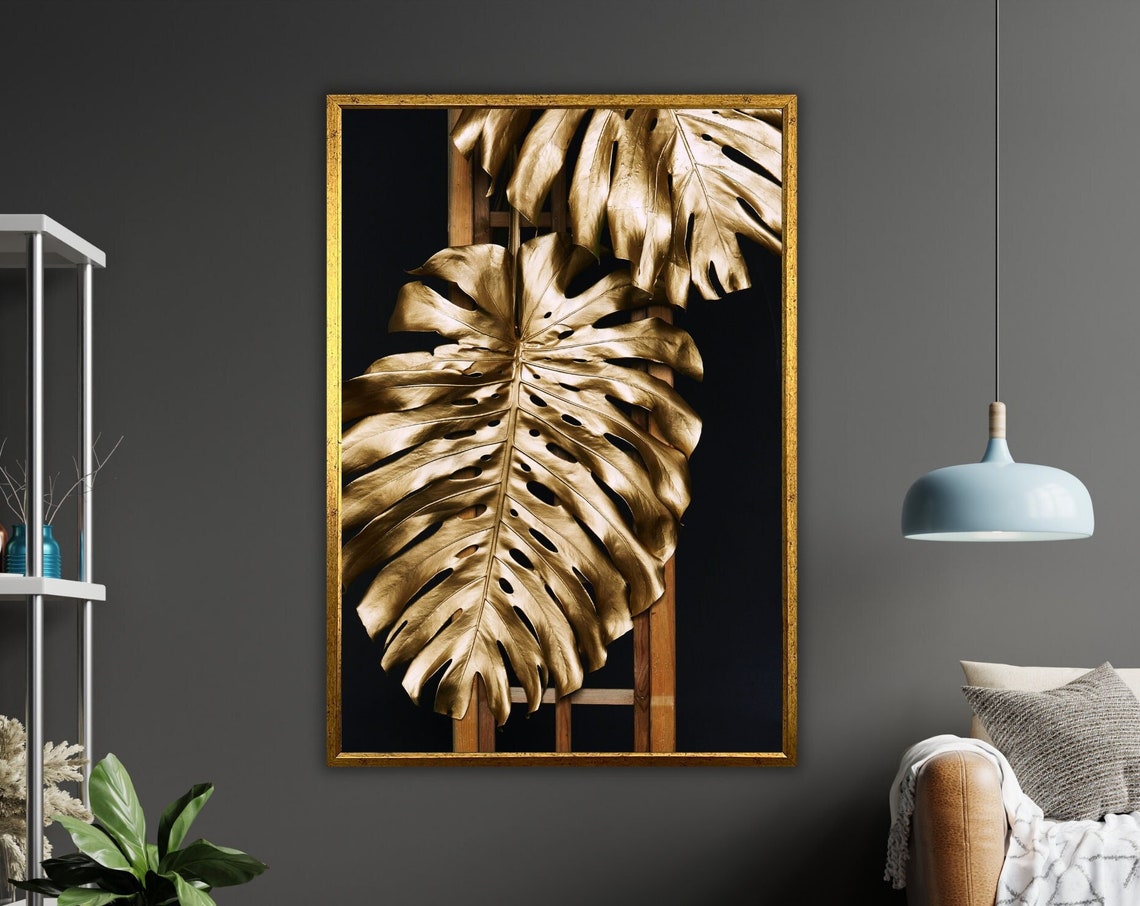 Golden Monstera Leaves Black Backdrop Modern Botanical Art Poster