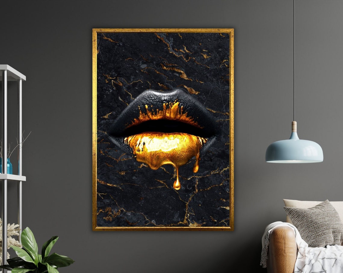 Gold Dripping Lips On Black Marble Glam Luxury Wall Art Poster