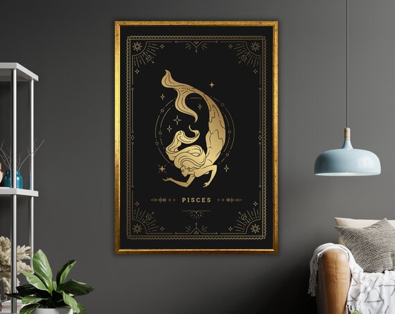 Pisces Art Zodiac Wall Decor Abstract Fish Painting Astrology Gift Ocean Inspired
