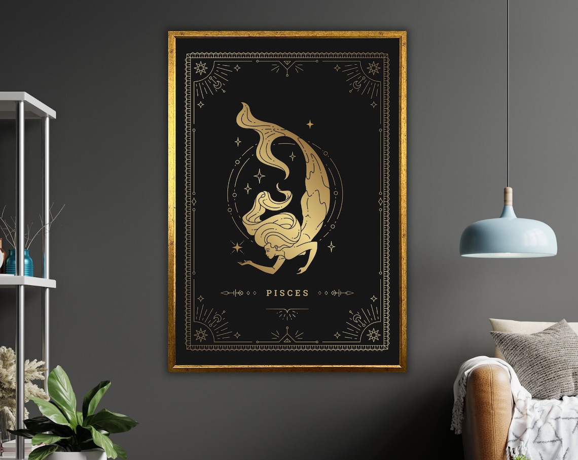 Pisces Zodiac Sign Gold Mermaid Celestial Astrology Wall Art Poster