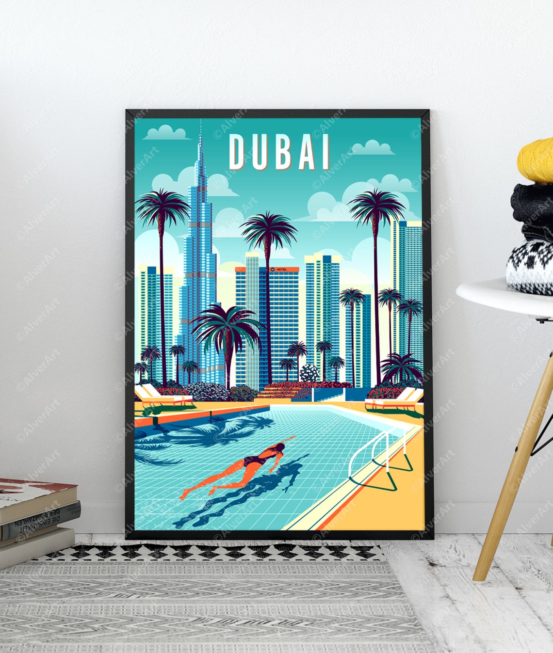 Dubai Luxury Skyline Burj Khalifa Rooftop Pool Retro Travel Poster - Image 2